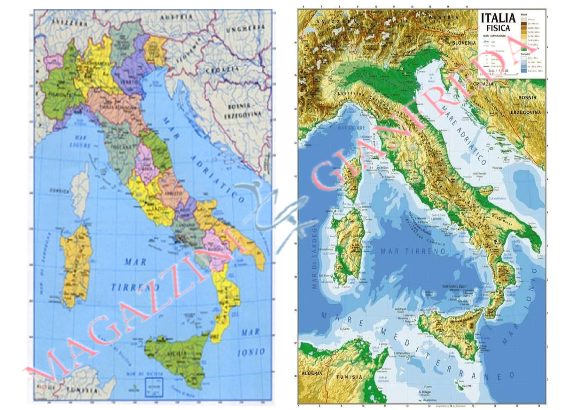 CARTINA GEOGRAFICA FISICA POLITICA ITALIA CM.100X140
