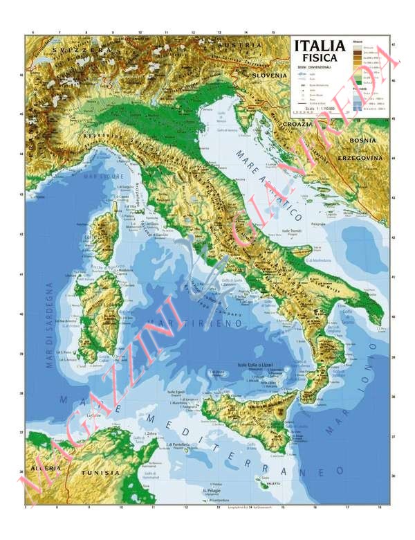 CARTINA GEOGRAFICA FISICA/POLITICA ITALIA CM.100X140