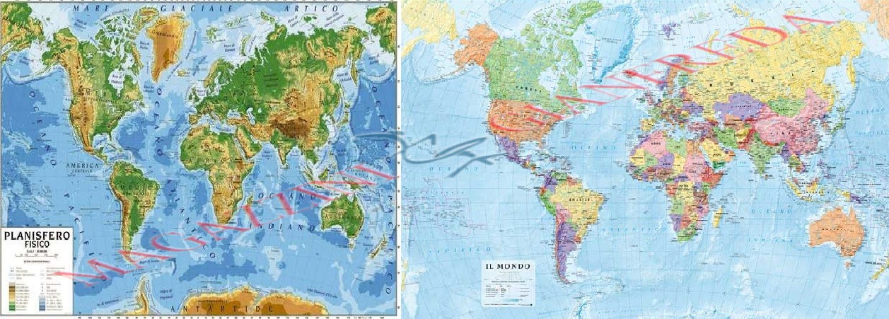 Carta geografica murale planisfero mondo 100x140 scolastica bifacciale  fisica e politica