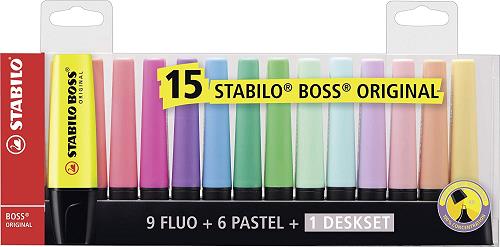 EVIDENZIATORI STABILO BOSS SET  DA 15 PZ - 9 FLUORESCENTI + 6  PASTELLO