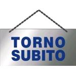 CARTELLO "TORNO SUBITO" CM. 10X5 BASE ARGENTO, STAMPA BLU