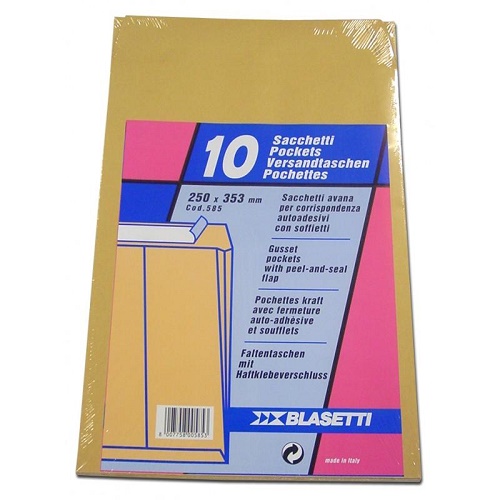 BUSTE A SACCO GIALLE 120 GR. CM. 25X35,5 CON STRIP E SOFFIETTI (10 PZ)
