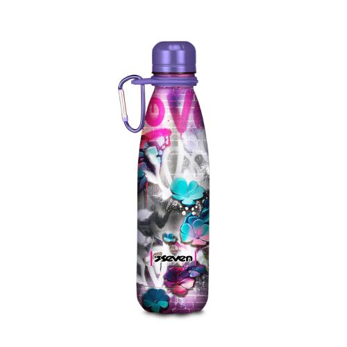 Borraccia Termica Seven 500 ml con Moschettone Girl Flower - Bottiglia in Acciaio Inox Caldo/Freddo Antigoccia