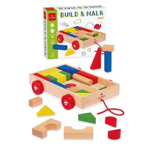 Build & Walk Maxi - Carretto in Legno Trainabile con Blocchi Colorati